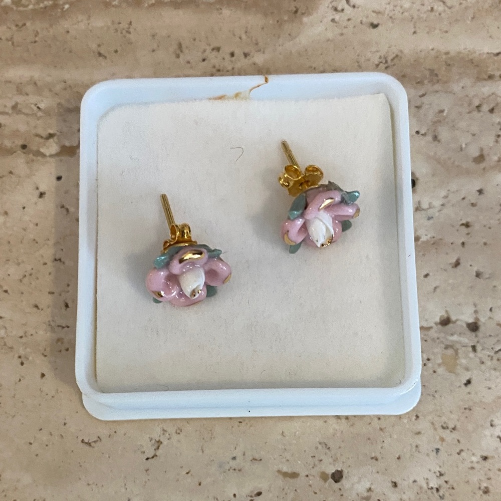 Floral Pink and Gold Stud Earrings